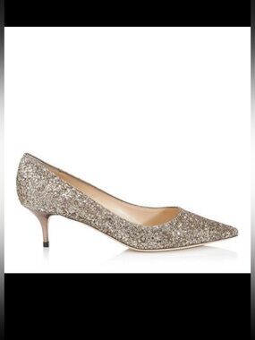 Jimmy Choo Aza Champagne Coarse Glitter Kitten Heel Pumps 34.5 / 4.5